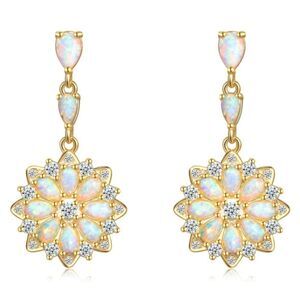 18K Yellow Gold 925 Sterling Silver with White Fire Opal and CZ Flower Earrings